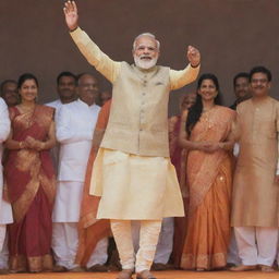 Narendra Modi celebrating and dancing with joy, clad in his traditional, elegant Indian attire.