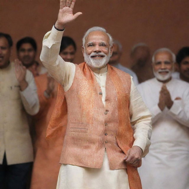 Narendra Modi celebrating and dancing with joy, clad in his traditional, elegant Indian attire.