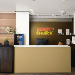 Position the reception desk near the entrance with a nearby waiting area of cozy seating. Include a display stand or wall-mounted shelf for the store's services cartel.