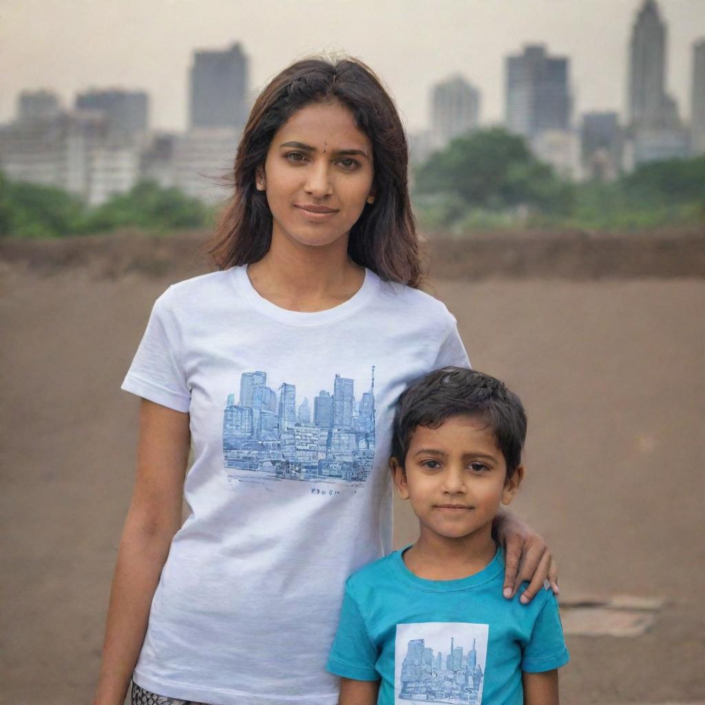 A modern cityscape in the backdrop with a woman wearing a T-shirt with 'Anju' printed on it, standing next to a child in a T-shirt with 'Kunal' printed on it.