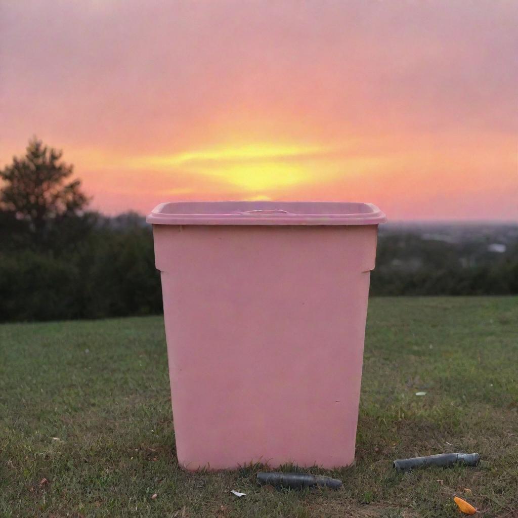 A standard quality wastebasket filled with regular household garbage, placed outdoors under an orange and pink sunset.