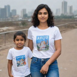 A modern cityscape in the backdrop with a woman wearing a T-shirt with 'Anju' printed on it, standing next to a child in a T-shirt with 'Kunal' printed on it.