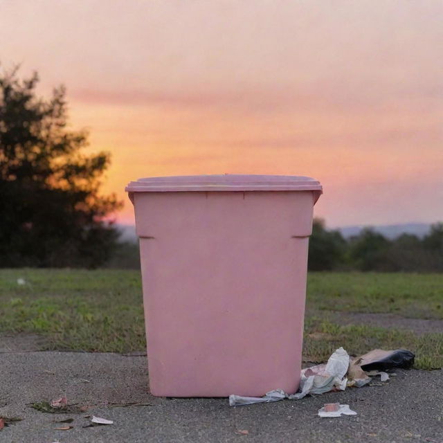 A standard quality wastebasket filled with regular household garbage, placed outdoors under an orange and pink sunset.