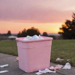 A standard quality wastebasket filled with regular household garbage, placed outdoors under an orange and pink sunset.