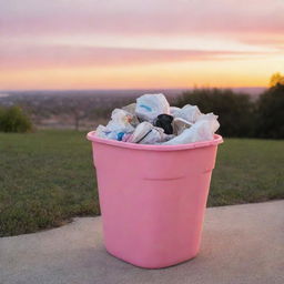 A standard quality wastebasket filled with regular household garbage, placed outdoors under an orange and pink sunset.