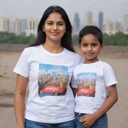 A modern cityscape in the backdrop with a woman wearing a T-shirt with 'Anju' printed on it, standing next to a child in a T-shirt with 'Kunal' printed on it.