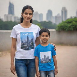 A modern cityscape in the backdrop with a woman wearing a T-shirt with 'Anju' printed on it, standing next to a child in a T-shirt with 'Kunal' printed on it.