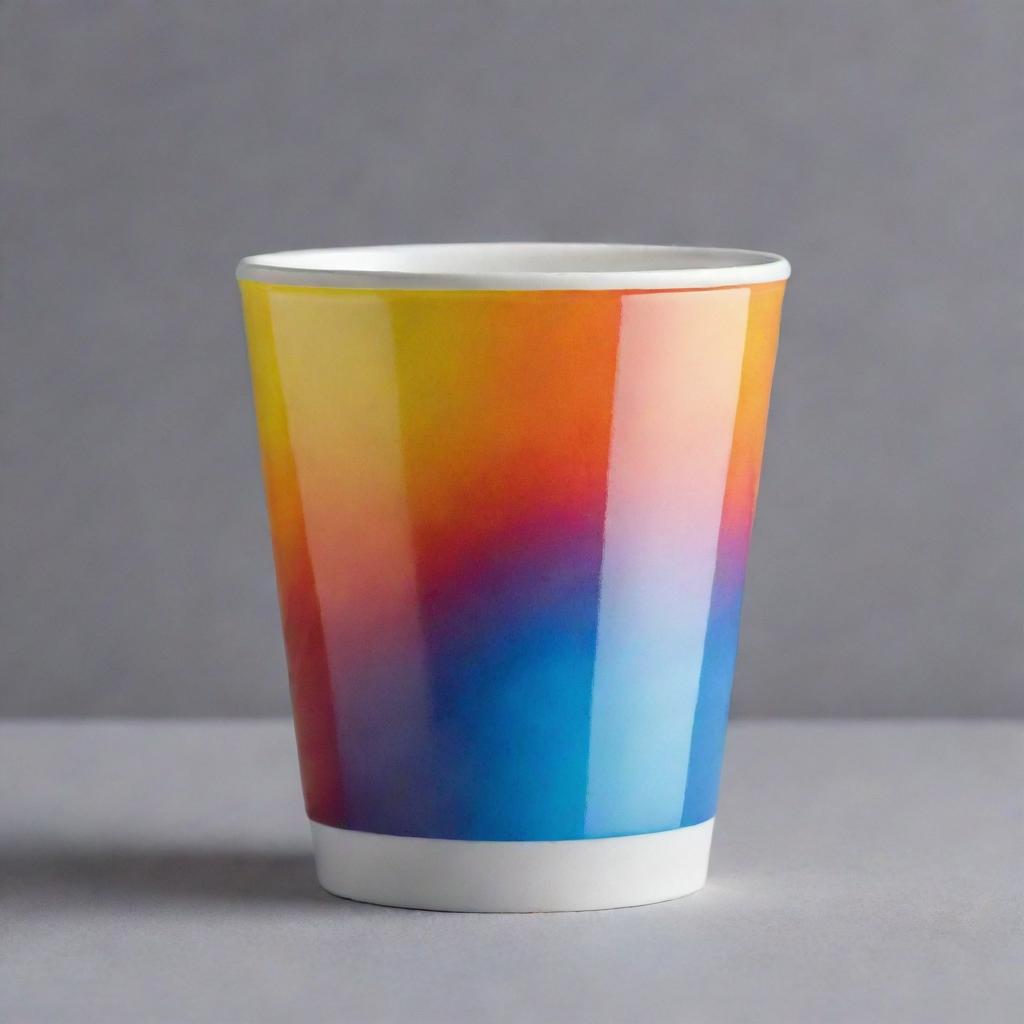 A glossy ceramic cup with a vibrant image printed on its surface