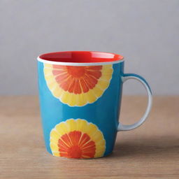 A glossy ceramic cup with a vibrant image printed on its surface