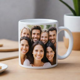 A ceramic mug featuring a high-quality photograph of a group of smiling friends printed on its smooth surface.