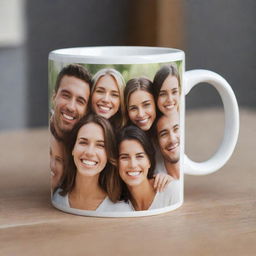 A ceramic mug featuring a high-quality photograph of a group of smiling friends printed on its smooth surface.