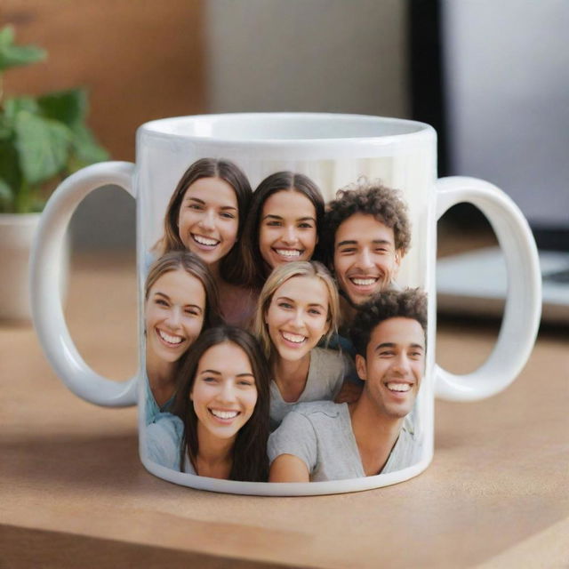 A ceramic mug featuring a high-quality photograph of a group of smiling friends printed on its smooth surface.