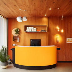 Position the reception desk near the entrance with a nearby waiting area of cozy seating. Include a display stand or wall-mounted shelf for the store's services cartel.