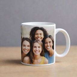 A ceramic mug featuring a high-quality photograph of a group of smiling friends printed on its smooth surface.