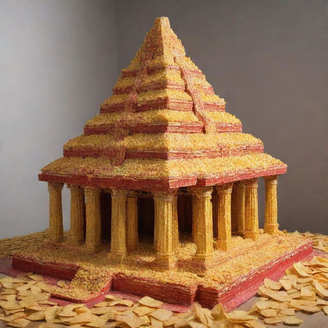 A photorealistic, intricately crafted temple made entirely out of Lays chips packages