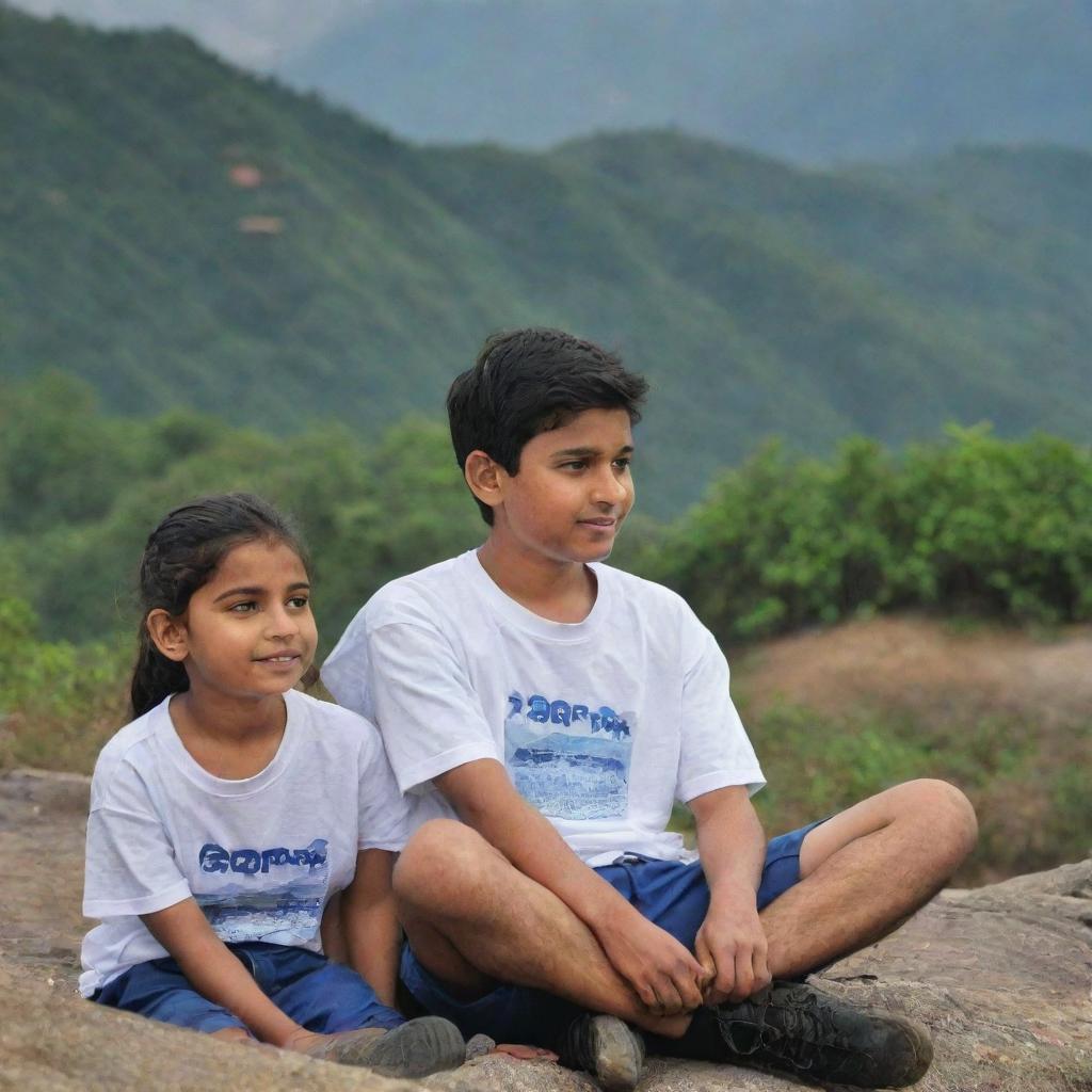 A boy named Pappu and a girl with a '?' printed on her T-shirt, sitting on a mountain, appreciating the scenic vista.