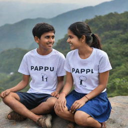 A boy named Pappu and a girl with a '?' printed on her T-shirt, sitting on a mountain, appreciating the scenic vista.