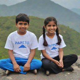 A boy named Pappu and a girl with a '?' printed on her T-shirt, sitting on a mountain, appreciating the scenic vista.