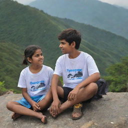 A boy named Pappu and a girl with a '?' printed on her T-shirt, sitting on a mountain, appreciating the scenic vista.