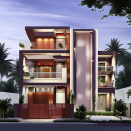 Design an exterior of a modern 3-story home with ground plus 2 floors, featuring 1200 sq ft living space and 600 sq ft balcony on each floor, with a double-height penthouse on the top floor, total build-up area 1800 sq ft.