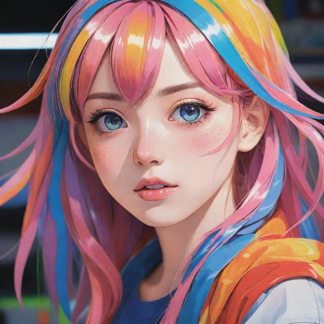 A detailed image of a girl designed in a colorful and expressive anime art style.