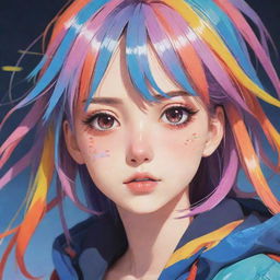 A detailed image of a girl designed in a colorful and expressive anime art style.