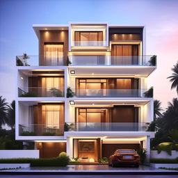 Design an exterior of a modern 3-story home with ground plus 2 floors, featuring 1200 sq ft living space and 600 sq ft balcony on each floor, with a double-height penthouse on the top floor, total build-up area 1800 sq ft.