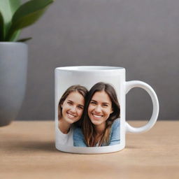 A ceramic mug with a high-quality photograph featuring two smiling friends printed on the smooth surface.