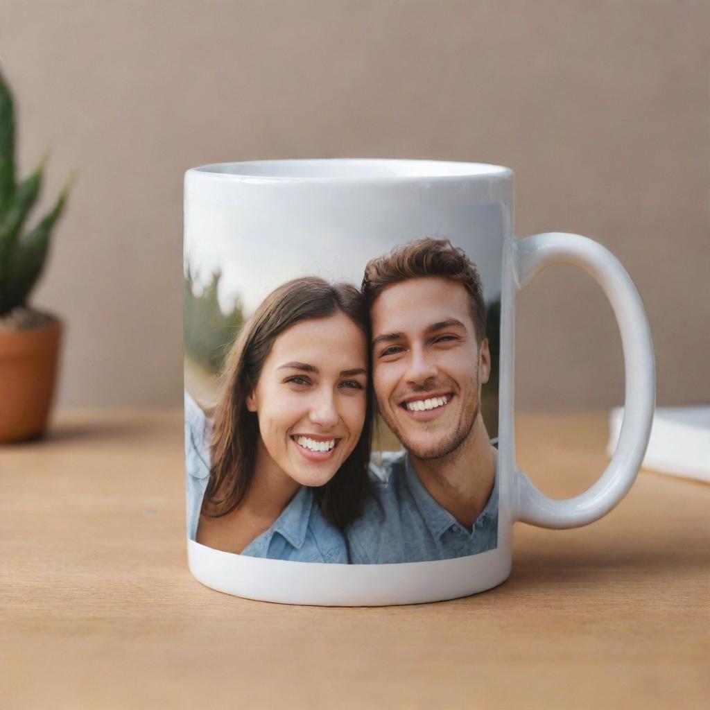 A ceramic mug with a high-quality photograph featuring two smiling friends printed on the smooth surface.