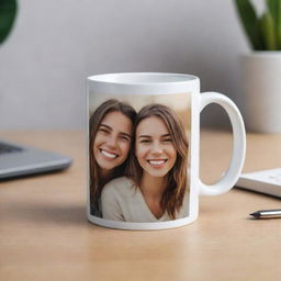 A ceramic mug with a high-quality photograph featuring two smiling friends printed on the smooth surface.