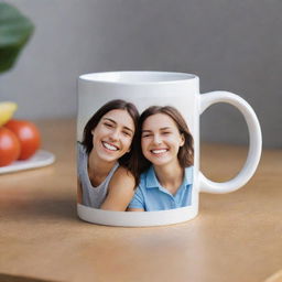 A ceramic mug with a high-quality photograph featuring two smiling friends printed on the smooth surface.