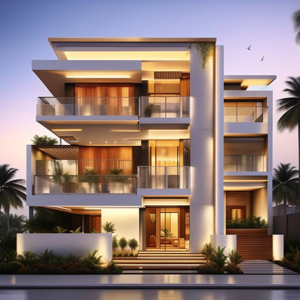 Design an exterior of a modern 3-story home with ground plus 2 floors, featuring 1200 sq ft living space and 600 sq ft balcony on each floor, with a double-height penthouse on the top floor, total build-up area 1800 sq ft.