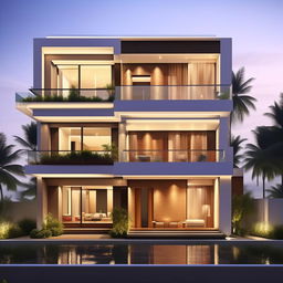 Design an exterior of a modern 3-story home with ground plus 2 floors, featuring 1200 sq ft living space and 600 sq ft balcony on each floor, with a double-height penthouse on the top floor, total build-up area 1800 sq ft.