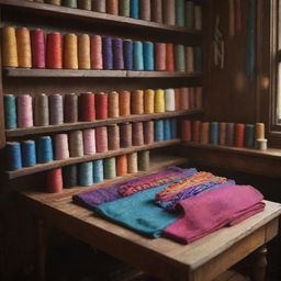 A vibrant, organized tailoring space with colorful threads, bright fabric, and antique tailoring tools silhouette, bathed in warm lighting