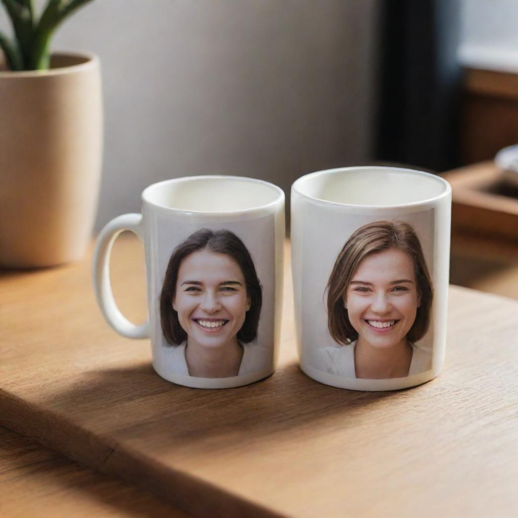 A ceramic mug with a photograph of two smiling friends printed on it, placed elegantly on a wooden table.