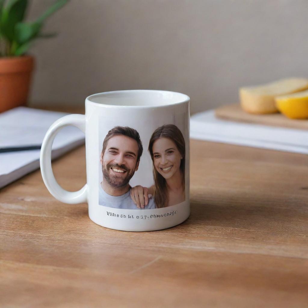 A ceramic mug with a photograph of two smiling friends printed on it, placed elegantly on a wooden table.