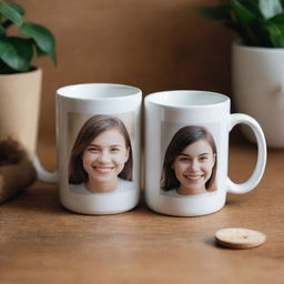 A ceramic mug with a photograph of two smiling friends printed on it, placed elegantly on a wooden table.