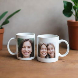 A ceramic mug with a photograph of two smiling friends printed on it, placed elegantly on a wooden table.