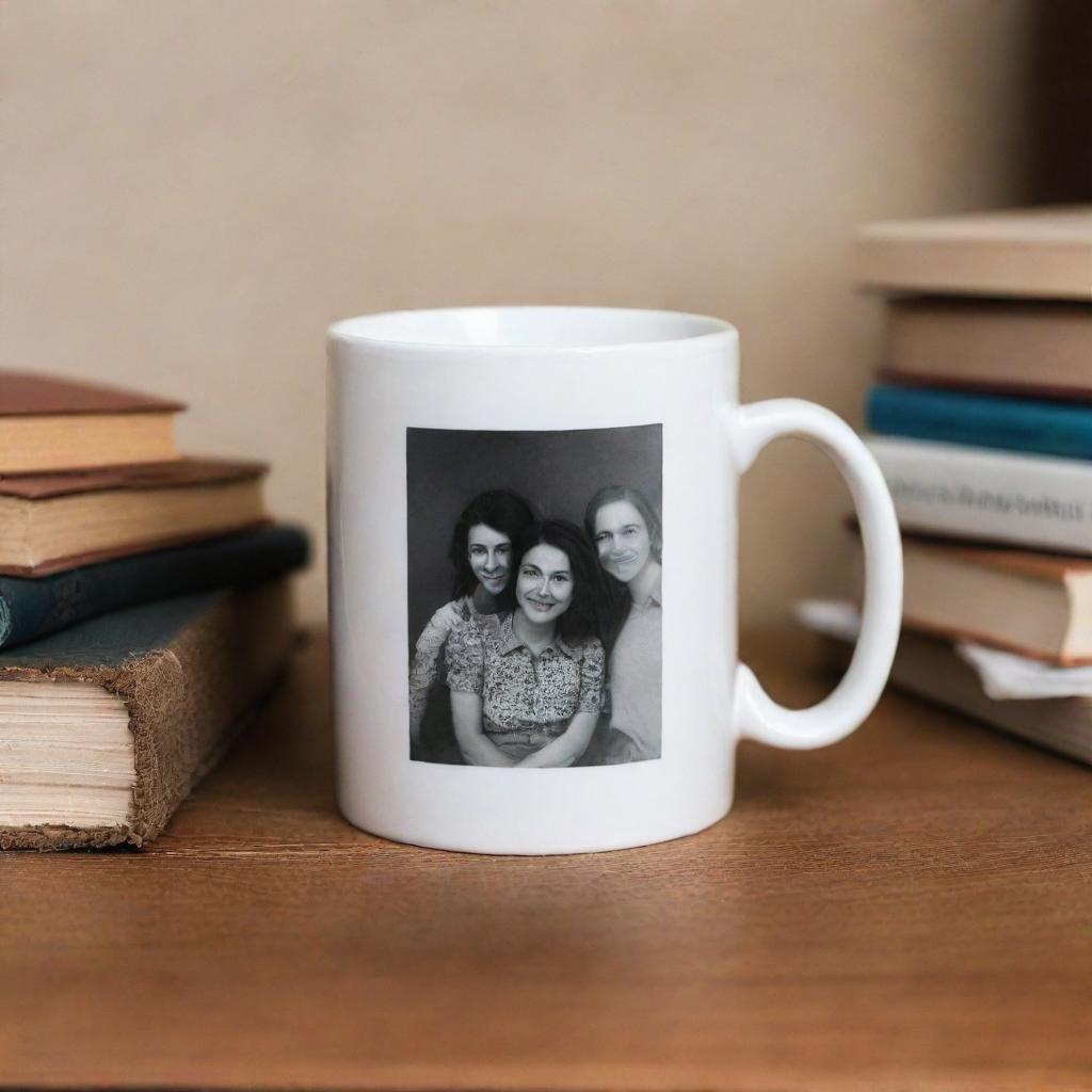 A ceramic mug bearing a photograph of two friends, stationed on a wooden table beside a neatly stacked pile of books.