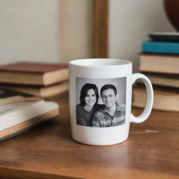 A ceramic mug bearing a photograph of two friends, stationed on a wooden table beside a neatly stacked pile of books.