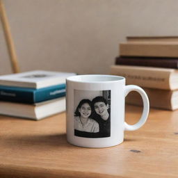 A ceramic mug bearing a photograph of two friends, stationed on a wooden table beside a neatly stacked pile of books.