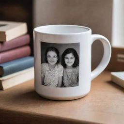 A ceramic mug bearing a photograph of two friends, stationed on a wooden table beside a neatly stacked pile of books.