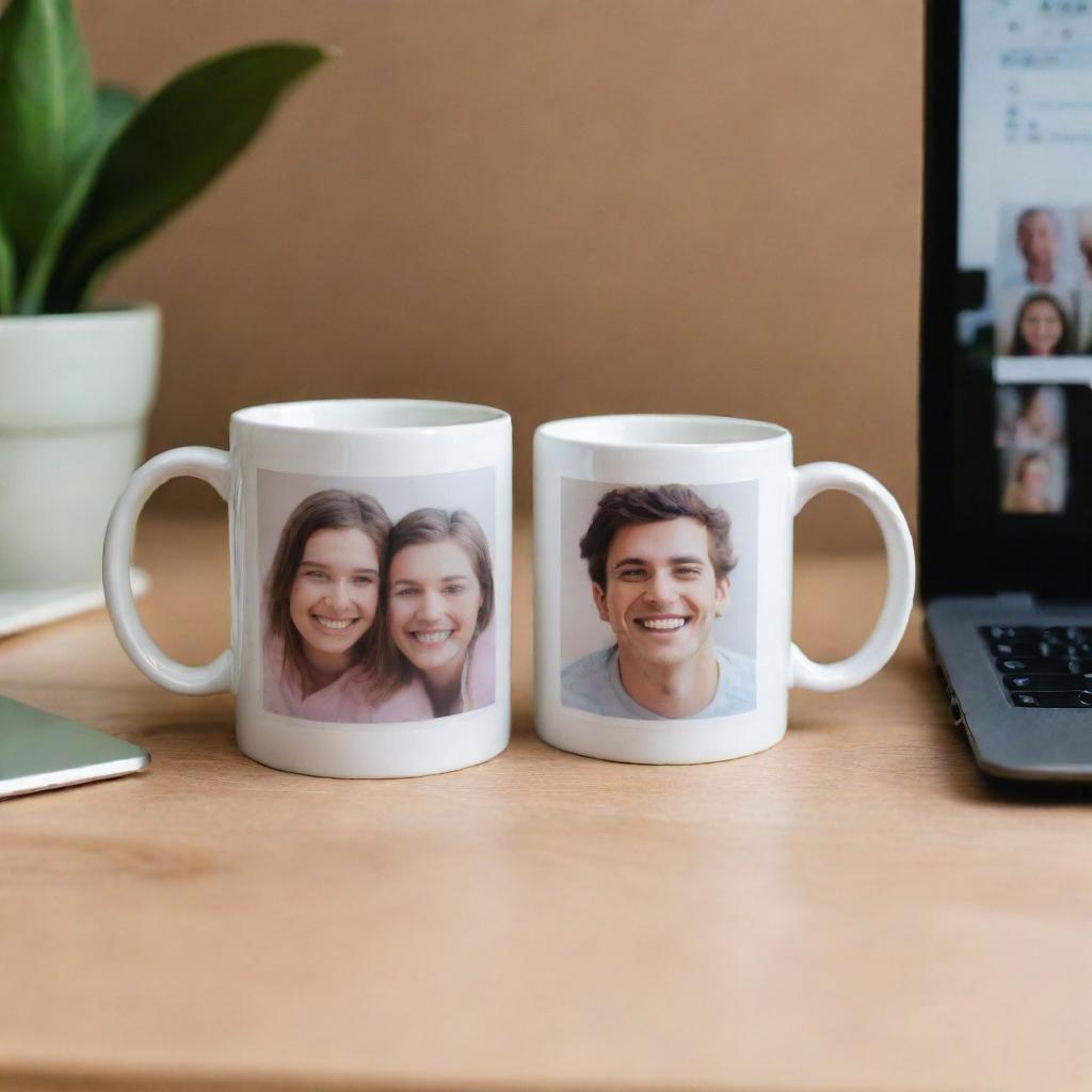 A ceramic mug with a photograph of two smiling friends printed on it, strategically placed on an open laptop.