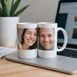 A ceramic mug with a photograph of two smiling friends printed on it, strategically placed on an open laptop.