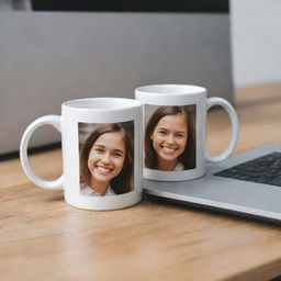 A ceramic mug with a photograph of two smiling friends printed on it, strategically placed on an open laptop.