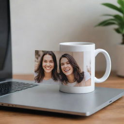 A ceramic mug with a photograph of two smiling friends printed on it, strategically placed on an open laptop.