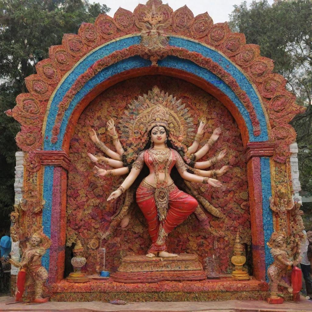 A vibrant and impressive Durga Puja pandal that is creatively made using repurposed plastic bottles