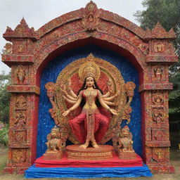 A vibrant and impressive Durga Puja pandal that is creatively made using repurposed plastic bottles