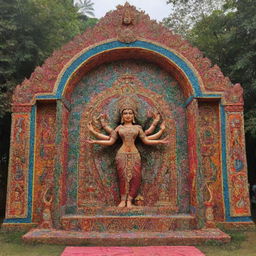 A vibrant and impressive Durga Puja pandal that is creatively made using repurposed plastic bottles