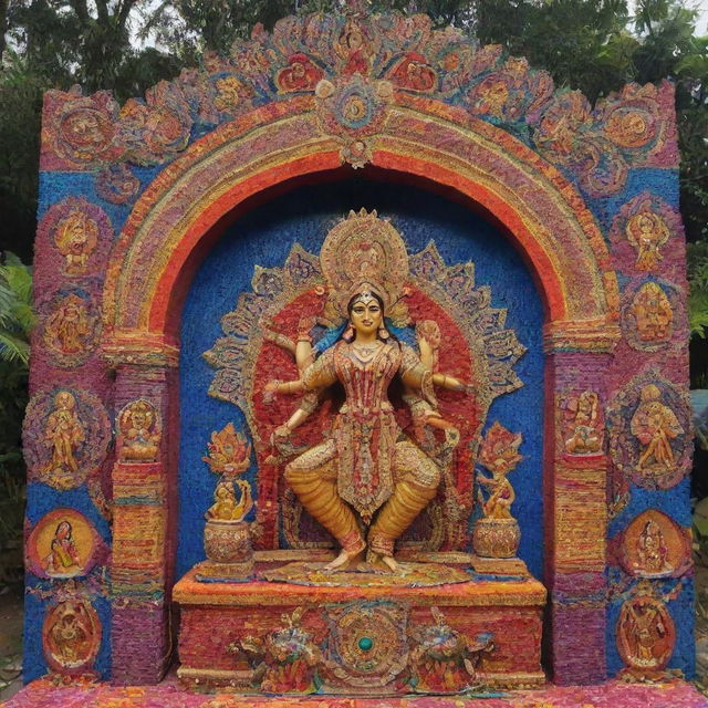 A vibrant and impressive Durga Puja pandal that is creatively made using repurposed plastic bottles